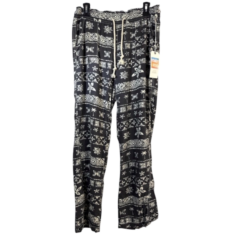 Cali 1850 Womens Black White Tropical Tribal Linen Blend Drawstring Pants L NEW
